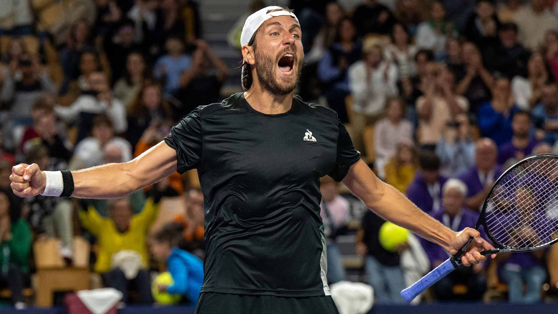 Lucas Pouille celebrates winning his third Challenger title.