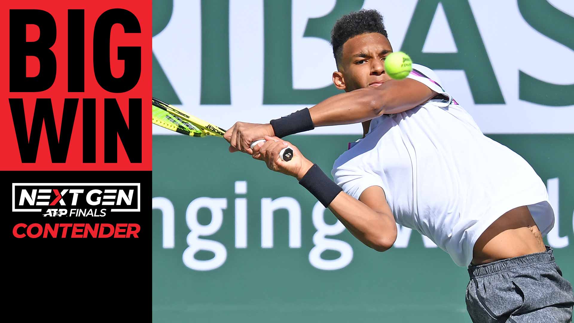 Felix Auger-Aliassime hits a backhand in his win against Stefanos Tsitsipas in the second round of the BNP Paribas Open.