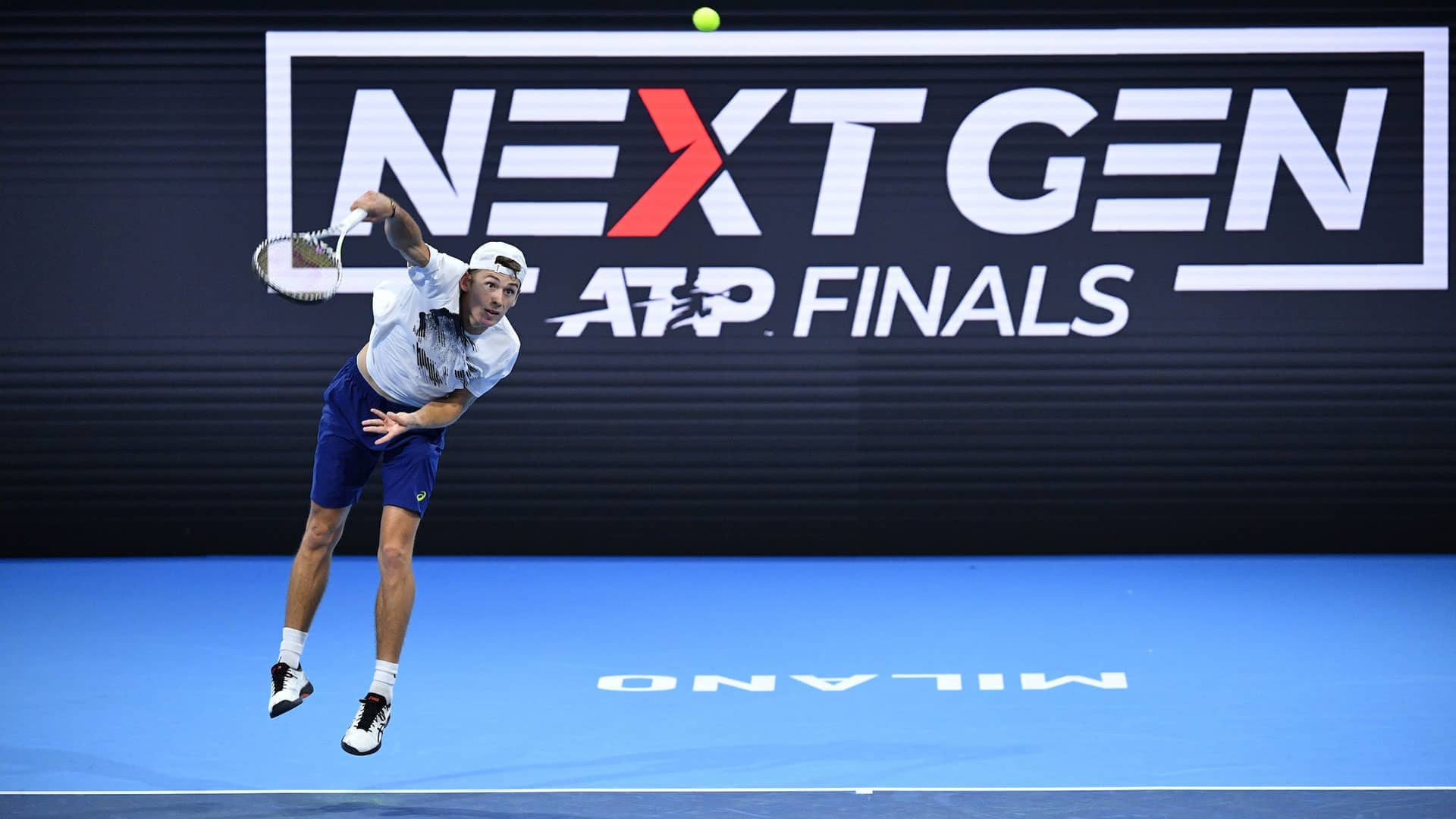 Alex de Minaur serves at the 2019 Next Gen ATP Finals