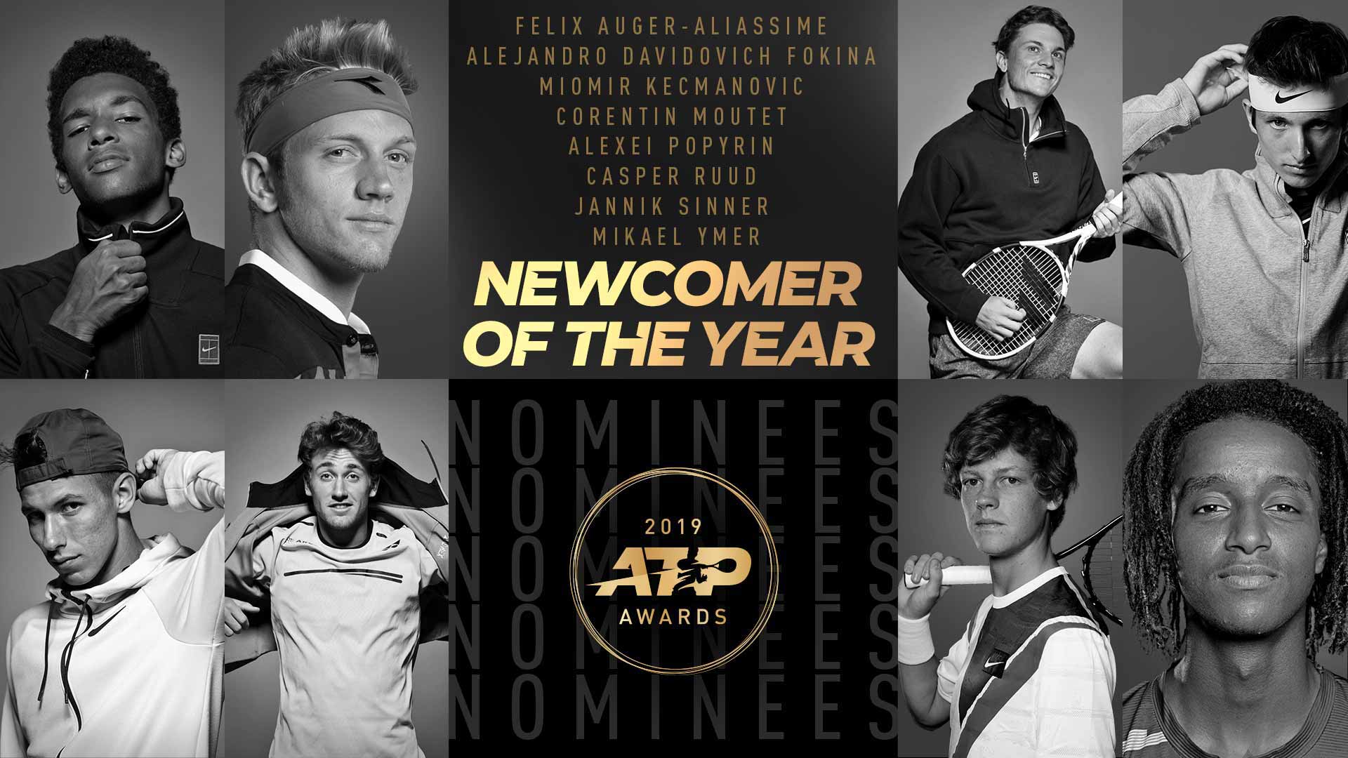 Felix Auger-Aliassime, Alejandro Davidovich Fokina, Miomir Kecmanovic, Corentin Moutet, Alexei Popyrin, Casper Ruud, Jannik Sinner, Mikael Ymer | Newcomer of the Year nominees | 2019 ATP Awards | #NextGenATP