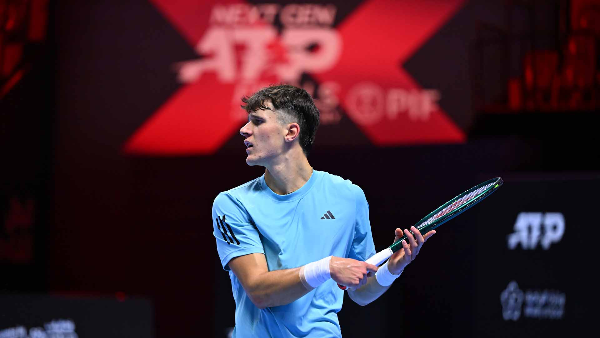 Jakub Mensik practises ahead of the Next Gen ATP Finals presented by PIF.