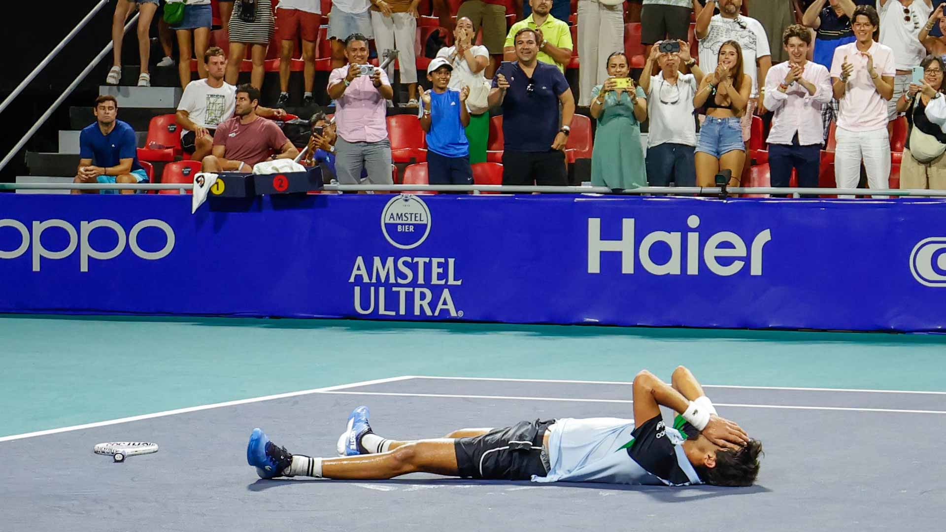 Rodrigo Pacheco Mendez celebrates his 7-5, 4-6, 7-6(4) win against Aleksandar Vukic.