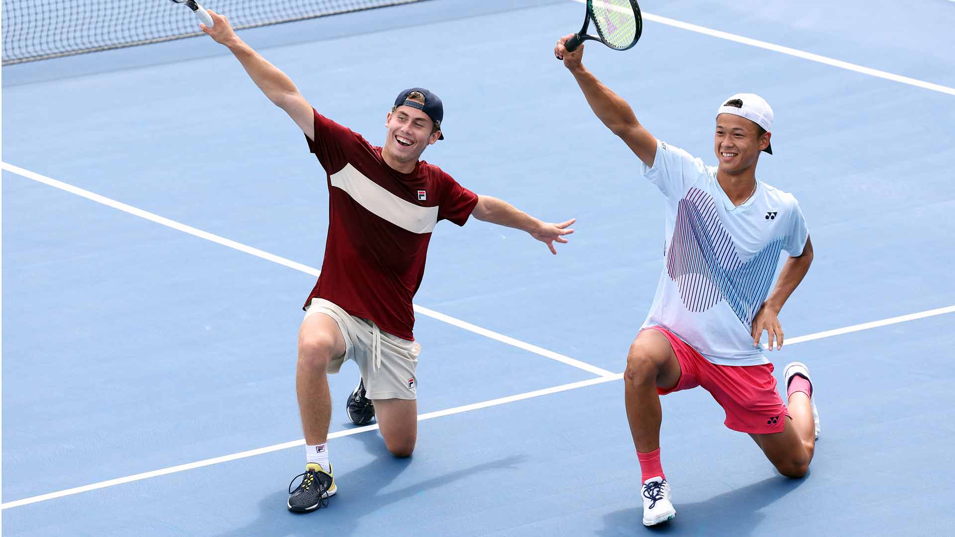 Maxim Mrva and Rei Sakamoto celebrate their triumph at the 2024 US Open boys' doubles event. 