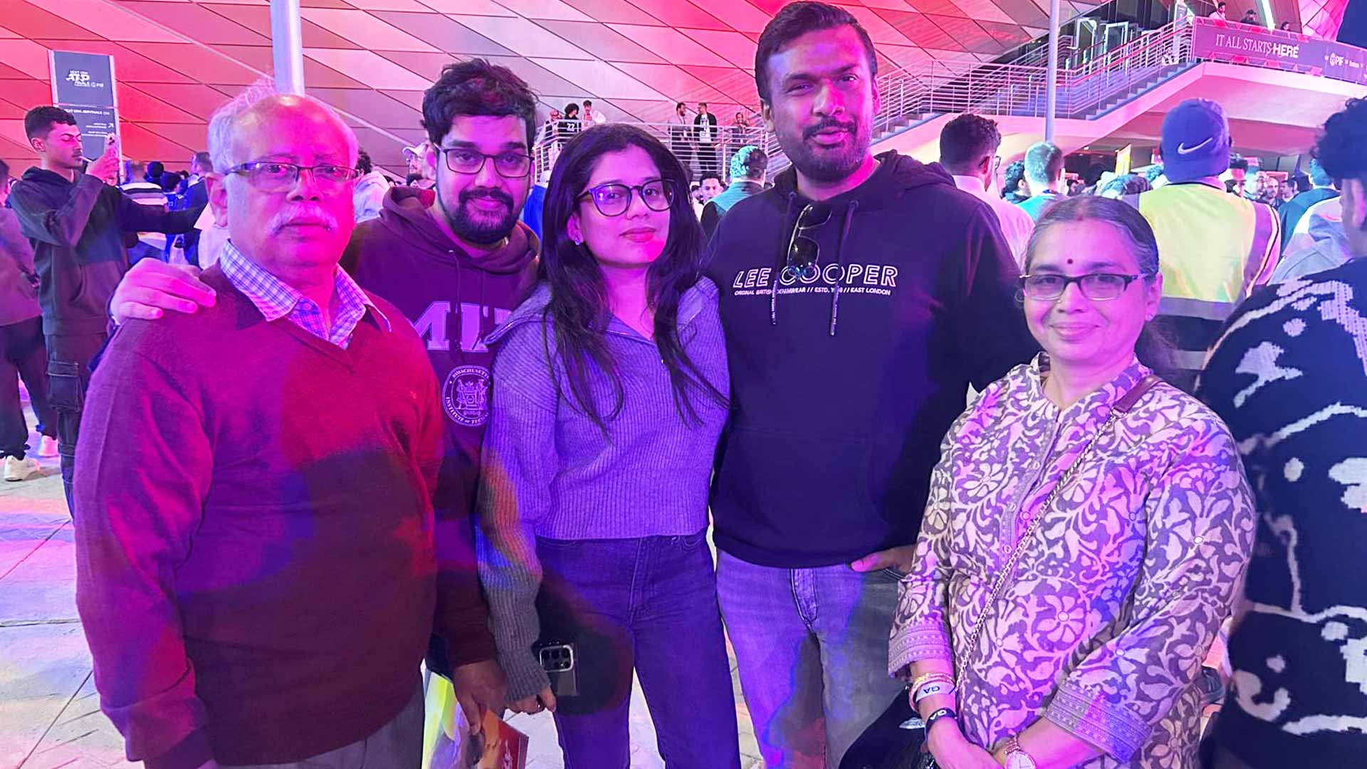 Fans Suresh Babu, Bharadhwaj Babu, Jayshree Babu, Amit Jain and Lakshmi Babu attend the Next Gen ATP Finals presented by PIF.