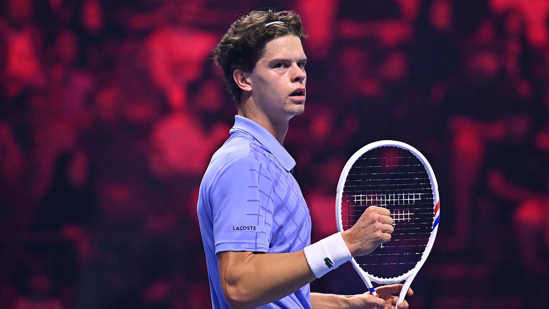 Alexander Blockx reacts after winning a point in the Jeddah final.