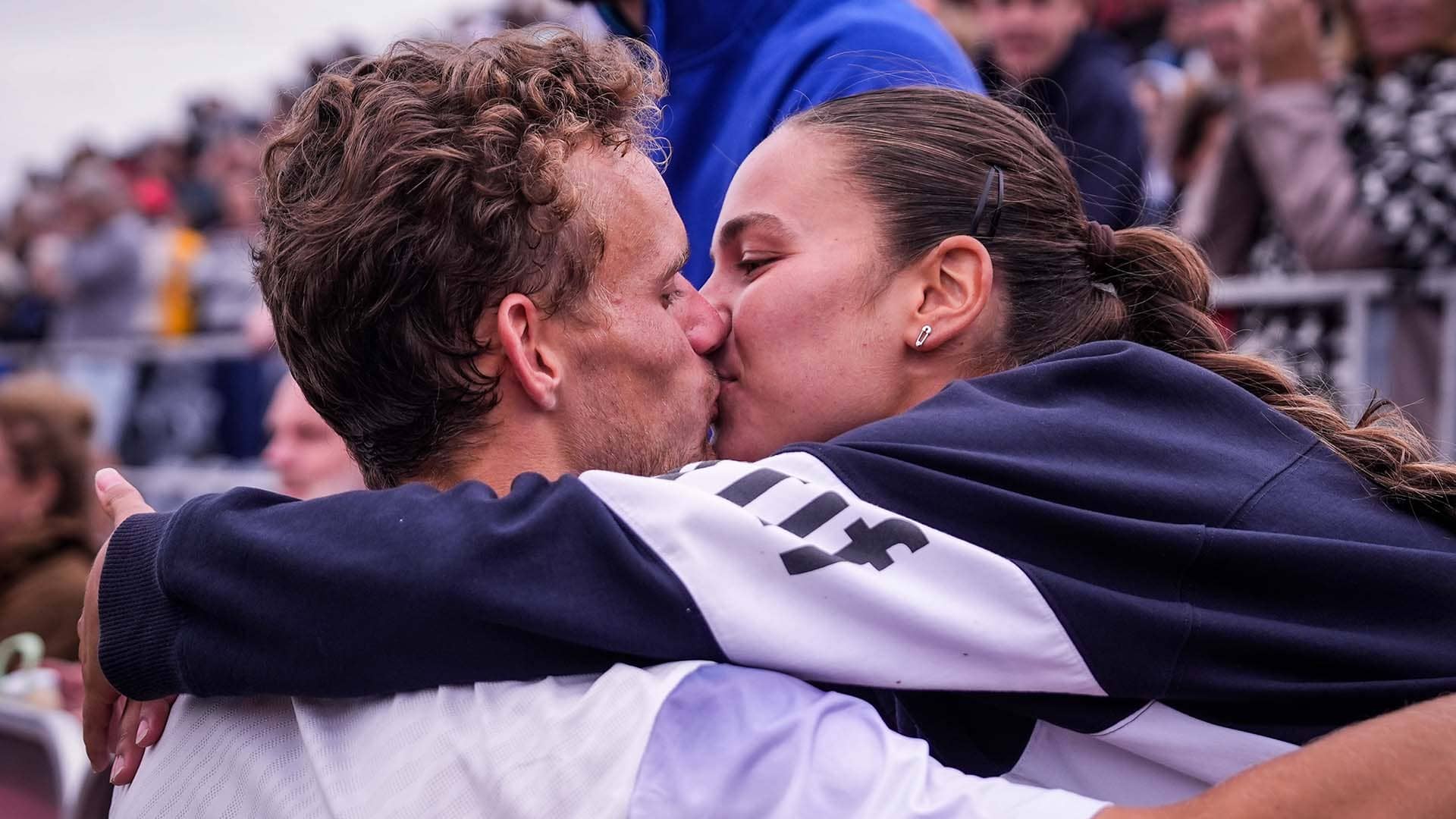 Luca Van Assche celebrates his Quebec City title with his girlfriend Olivia.